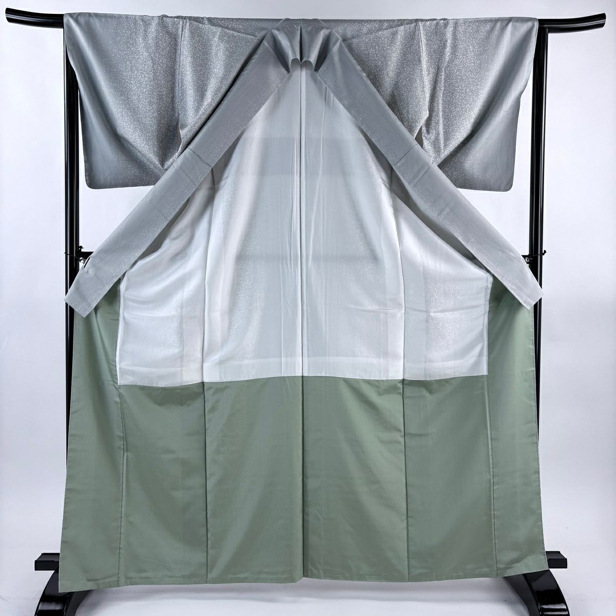 【美品】 小紋 身長166cm 袖長65cm M 雙層 袋帶套裝 紬織織 幾何圖案 灰色 純蠶絲 秀品級