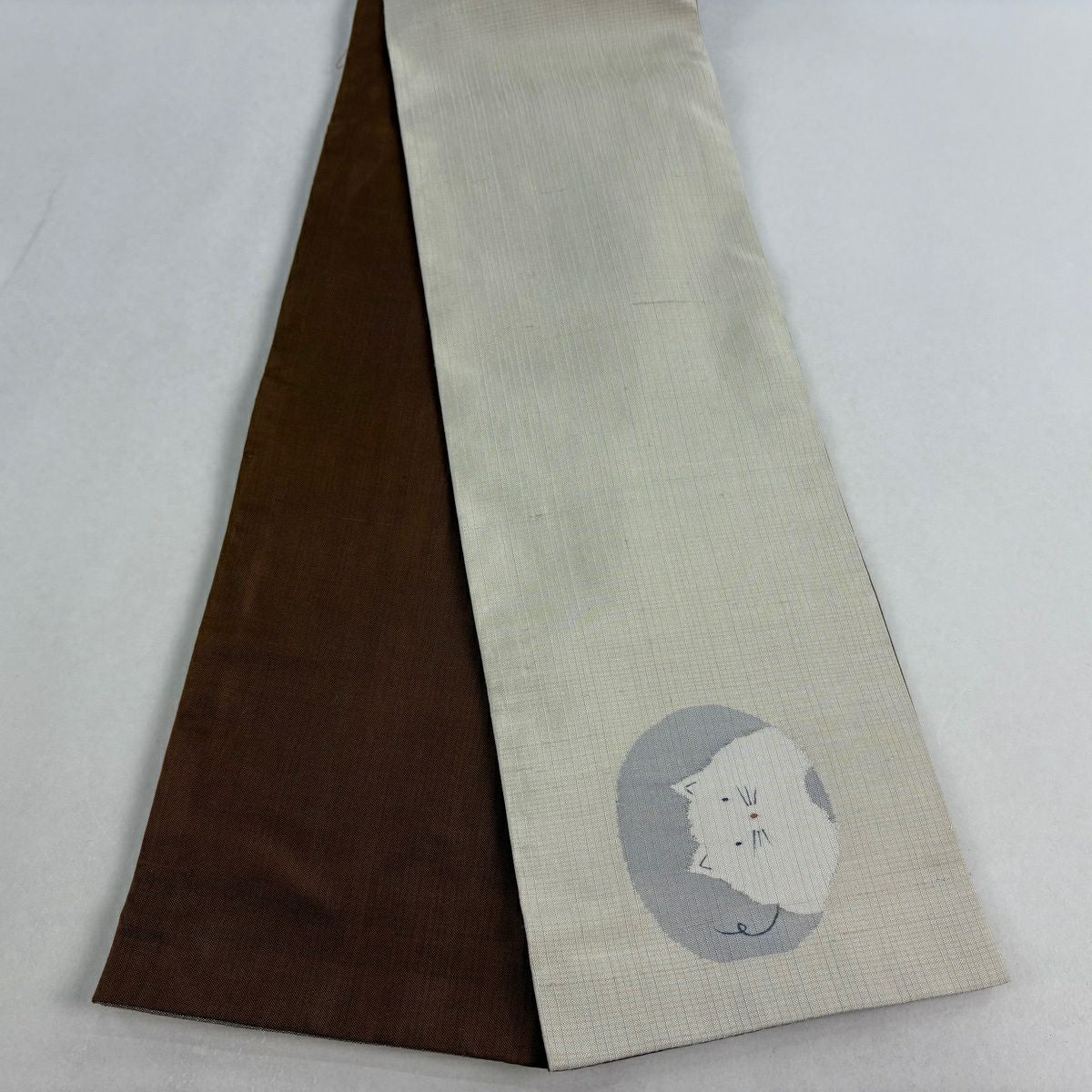 【美品】半幅帶 名品級 紬織織 貓 灰白 純蠶絲