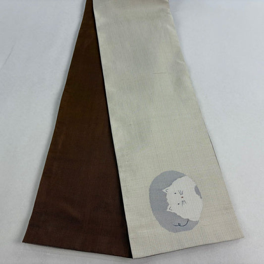 【美品】半幅帶 名品級 紬織織 貓 灰白 純蠶絲