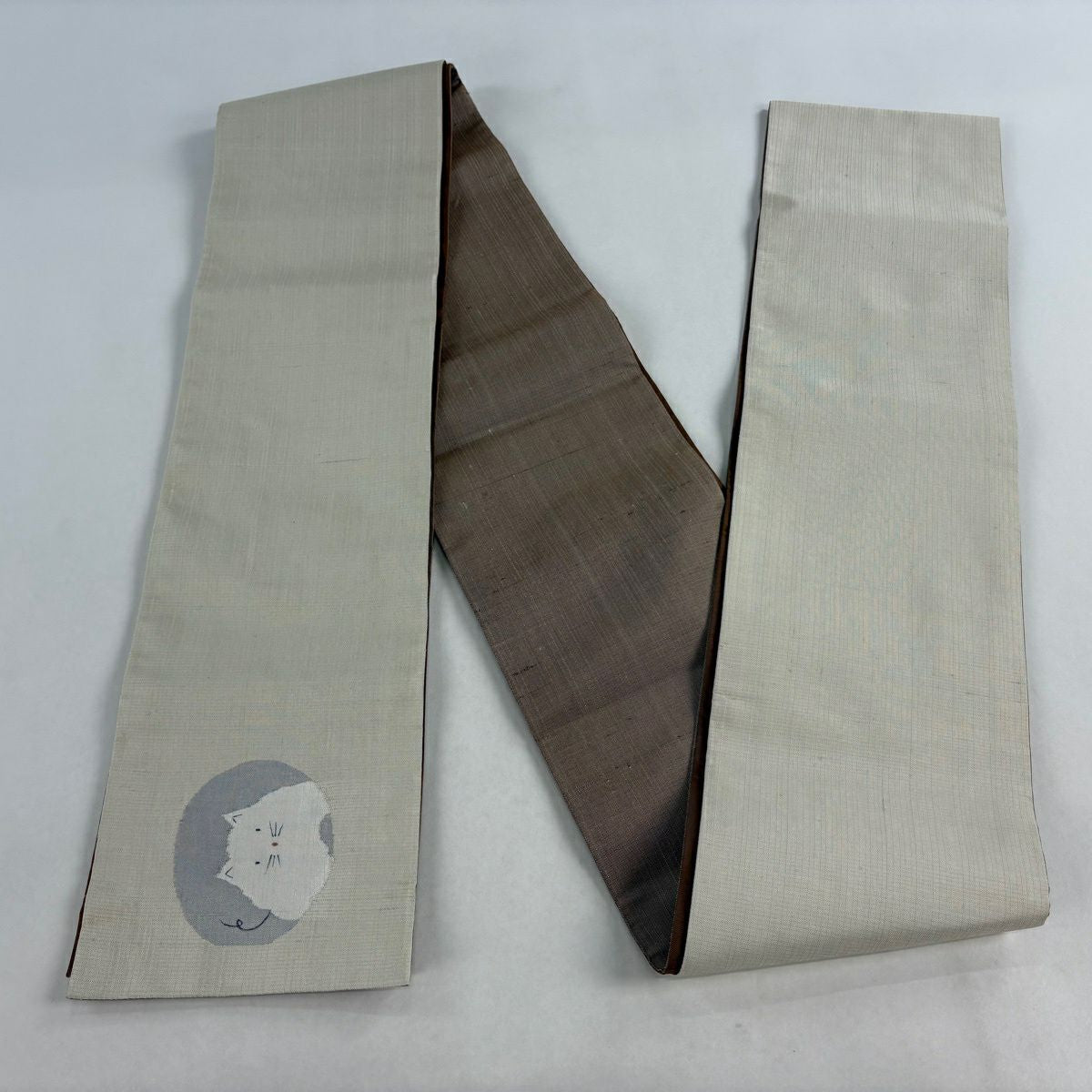 【美品】半幅帶 名品級 紬織織 貓 灰白 純蠶絲
