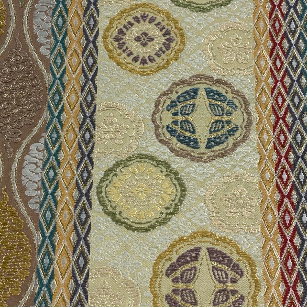【美品】 袋帶 名品級 立涌 向蝶 金絲 刺繡 米色 六通 純蠶絲