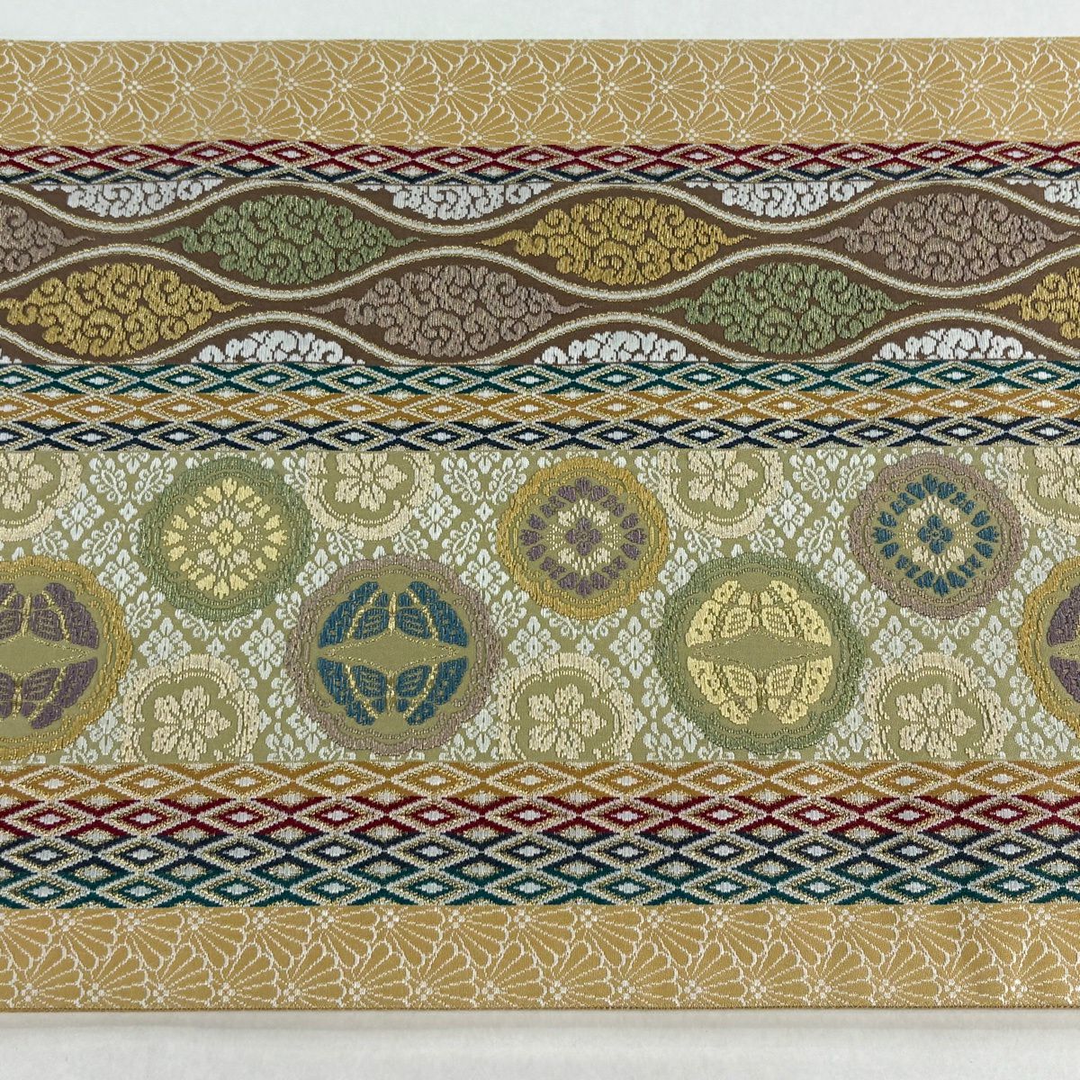 【美品】 袋帶 名品級 立涌 向蝶 金絲 刺繡 米色 六通 純蠶絲
