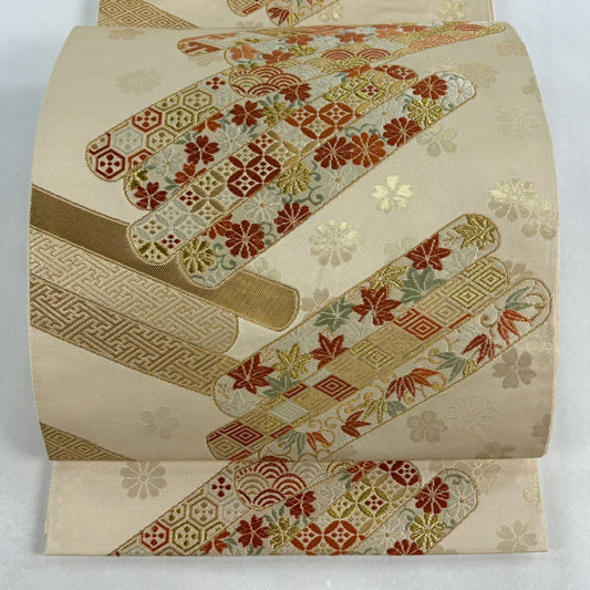 袋帶 名品級 附落款 本家加納 花唐草紋 有速 金絲 唐織 米色 六通 純蠶絲