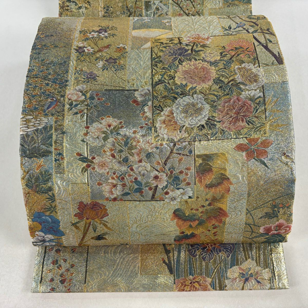 【美品】 袋帶 名品級 色紙 花鳥 金金箔 金色 大鼓圖案 純蠶絲