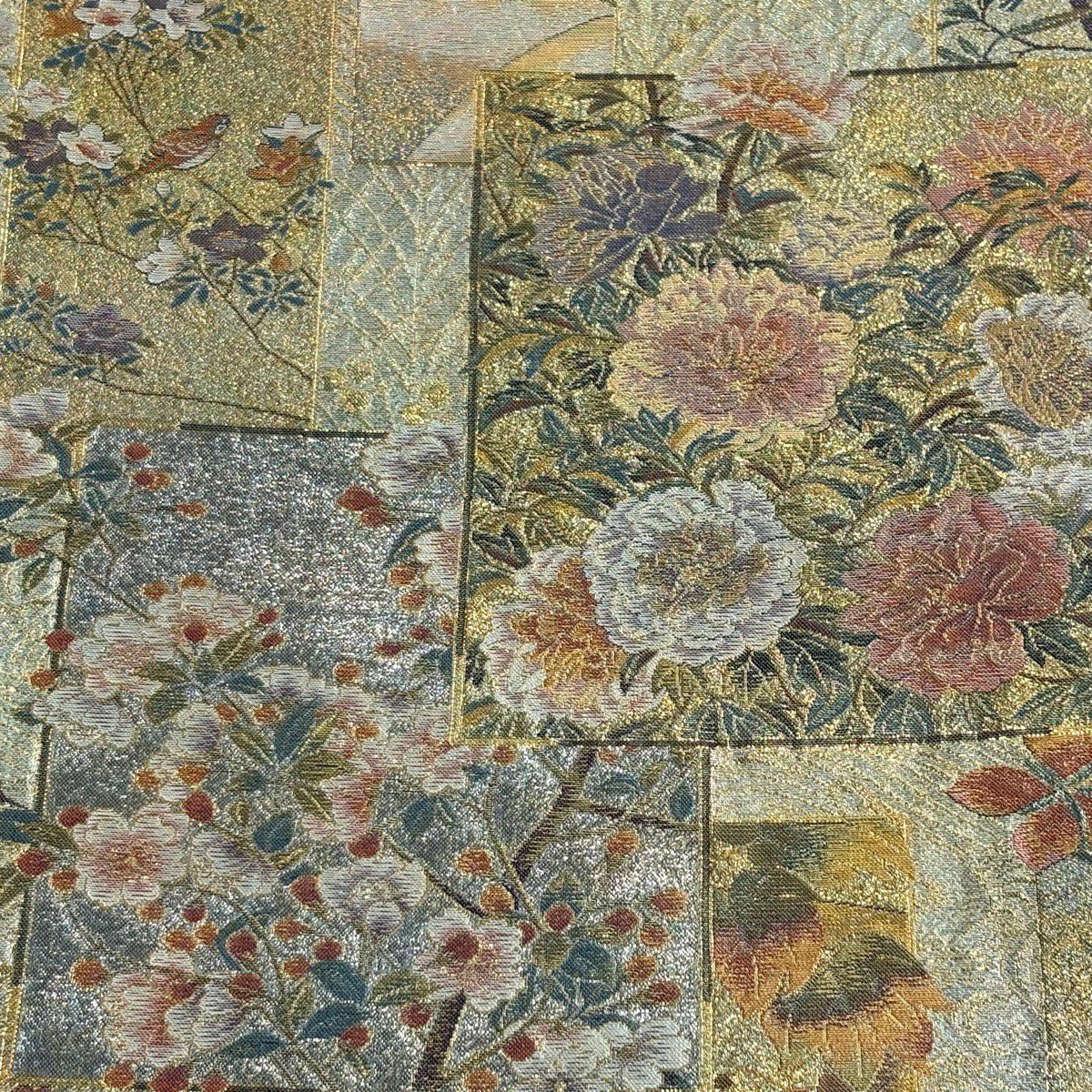 【美品】 袋帶 名品級 色紙 花鳥 金金箔 金色 大鼓圖案 純蠶絲
