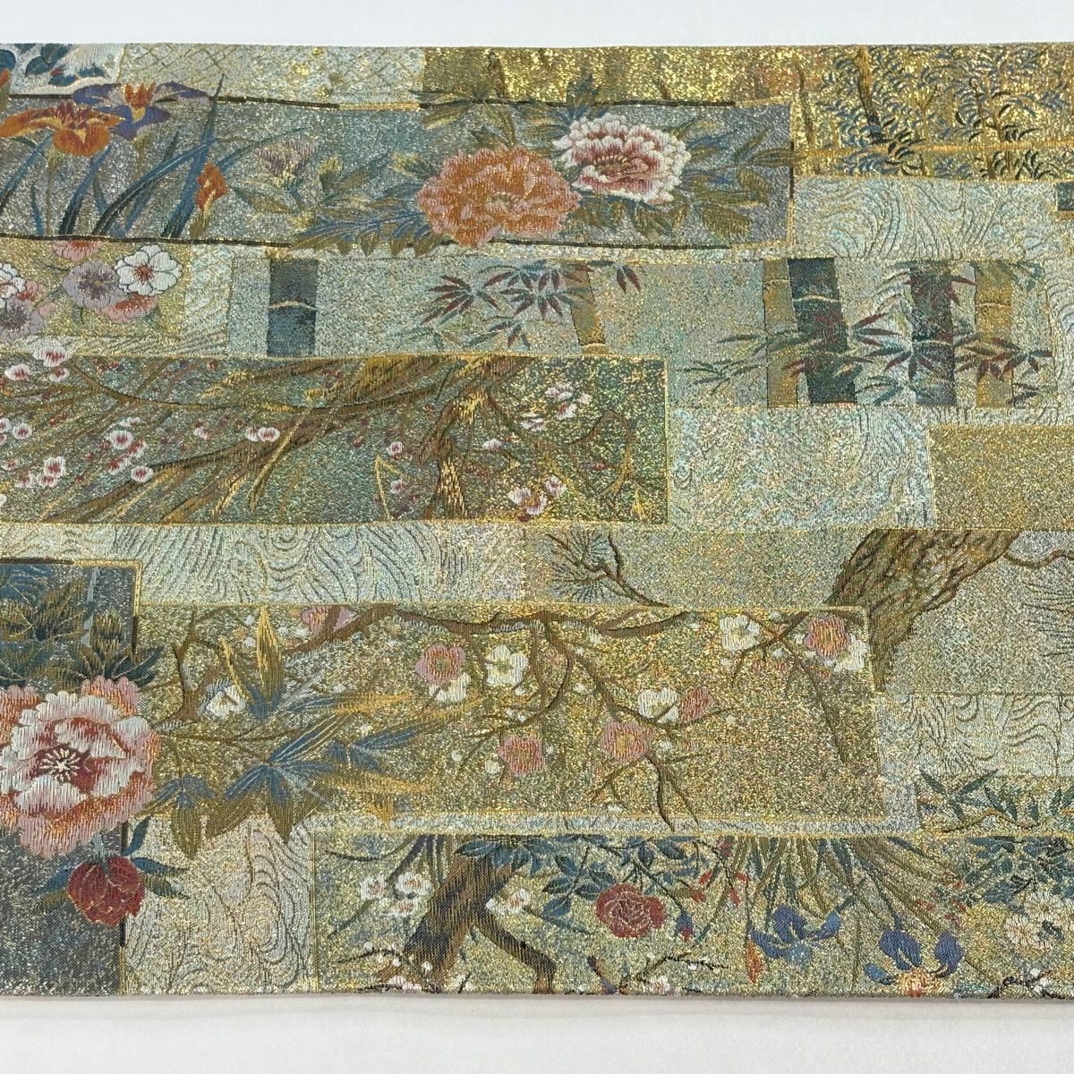【美品】 袋帶 名品級 色紙 花鳥 金金箔 金色 大鼓圖案 純蠶絲