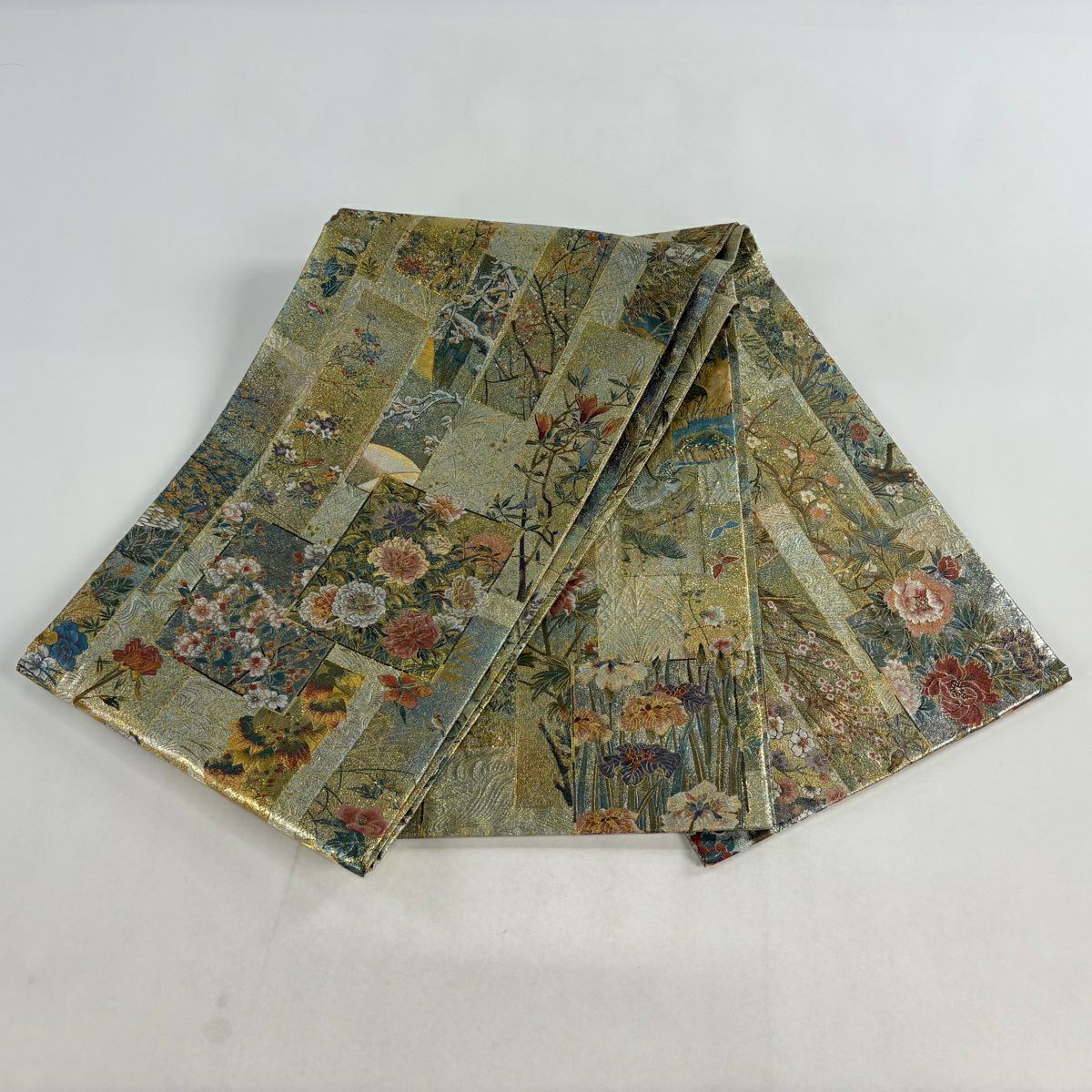 【美品】 袋帶 名品級 色紙 花鳥 金金箔 金色 大鼓圖案 純蠶絲