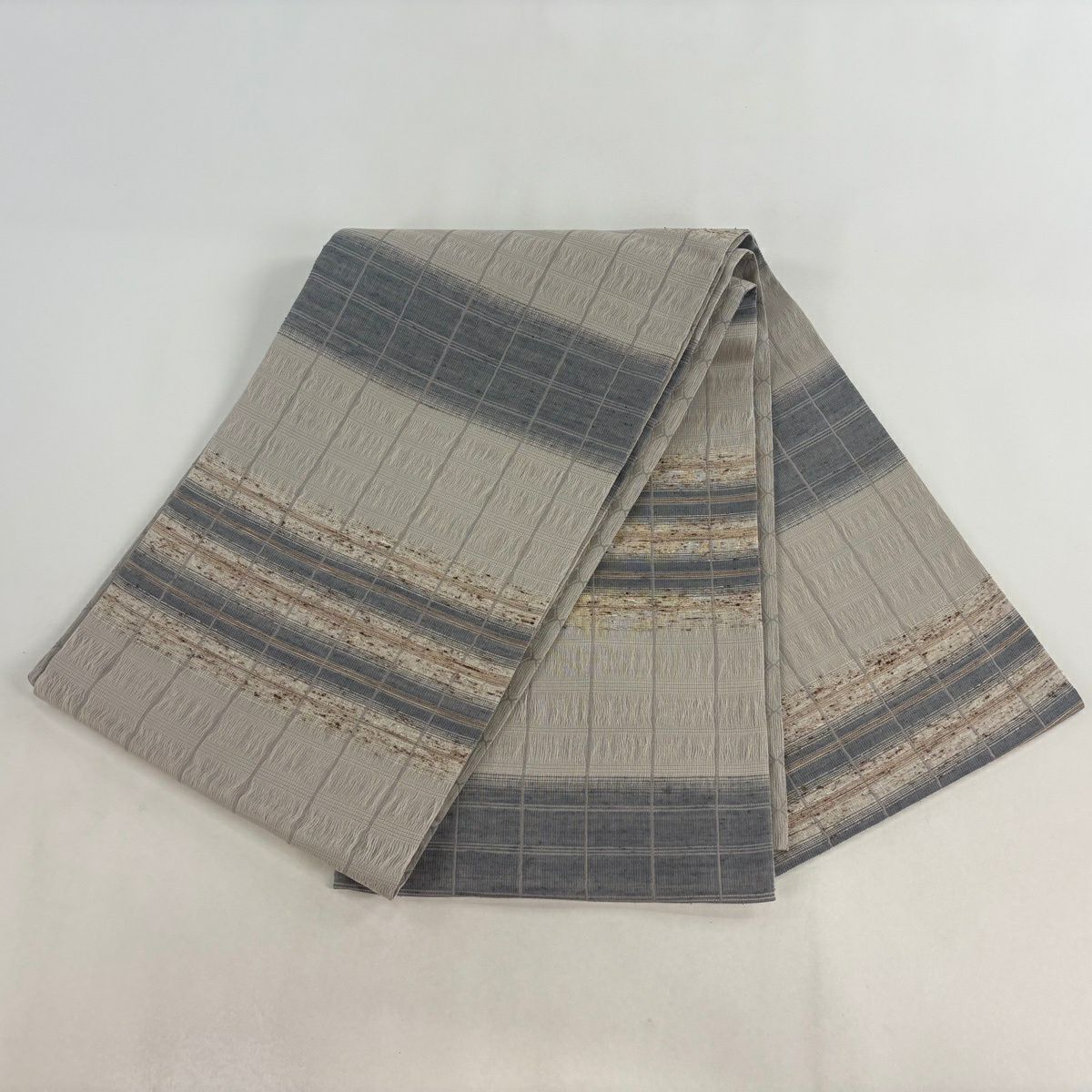 【美品】 袋帶 名品級 條紋 灰茶 お太鼓圖案 純蠶絲