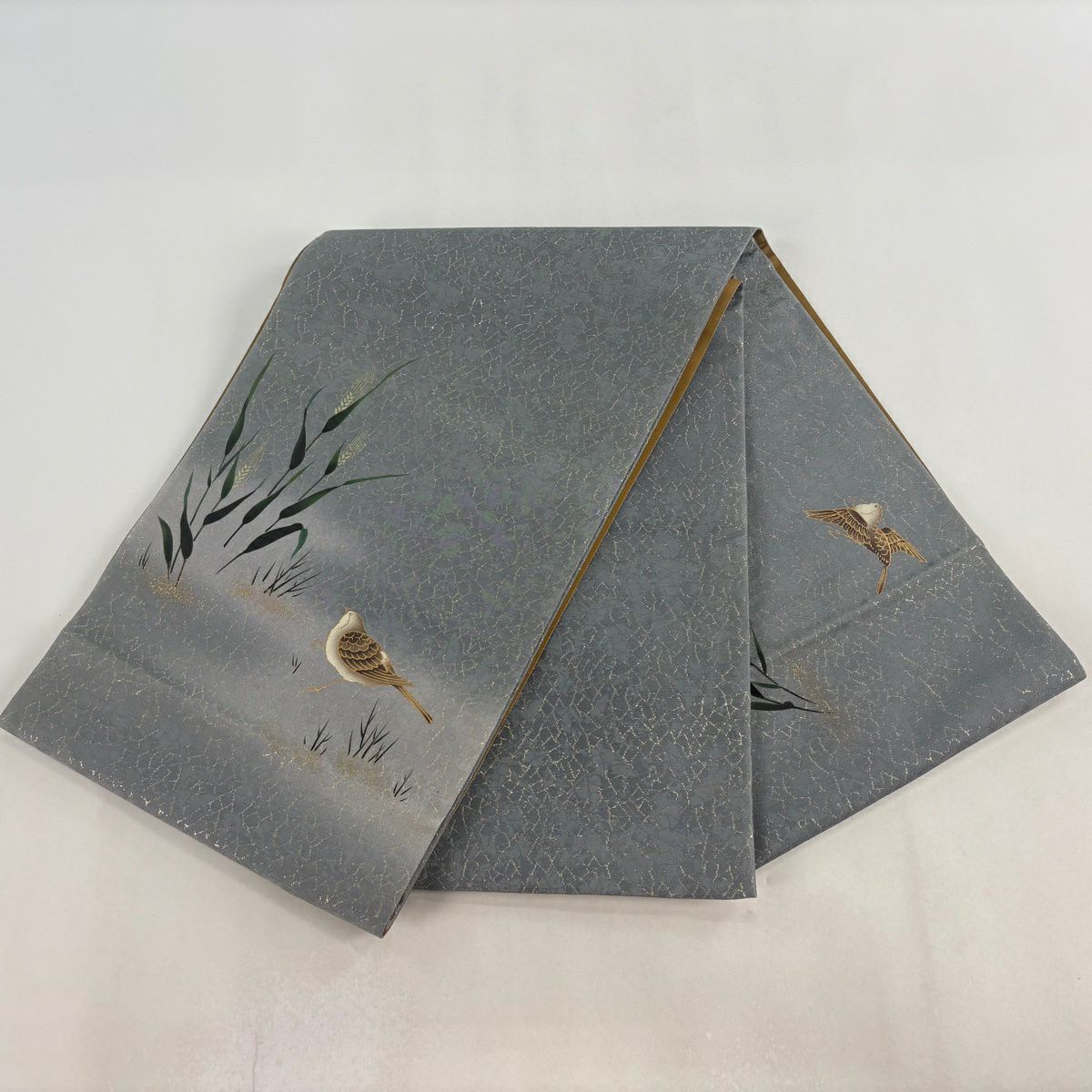 袋帶 名品級 鳥 麥 金線 金金箔 灰綠 大鼓圖案 純蠶絲