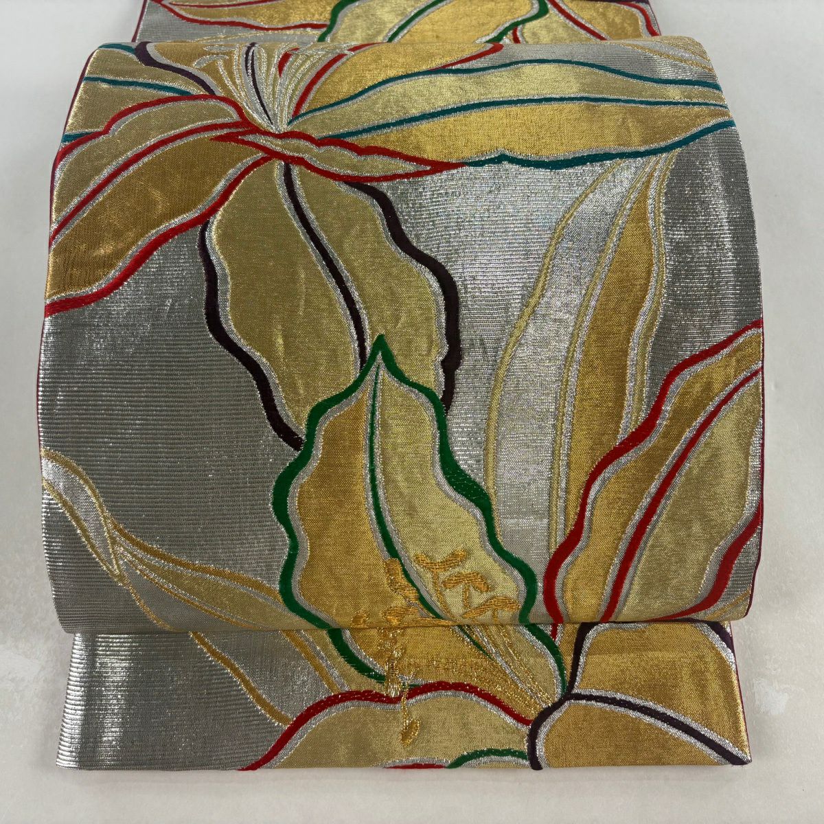 【美品】 袋帶 名品級 草野一騎 落款あり 振袖禮服禮服向き 花 金銀彩 金金箔 銀色 六通 純蠶絲