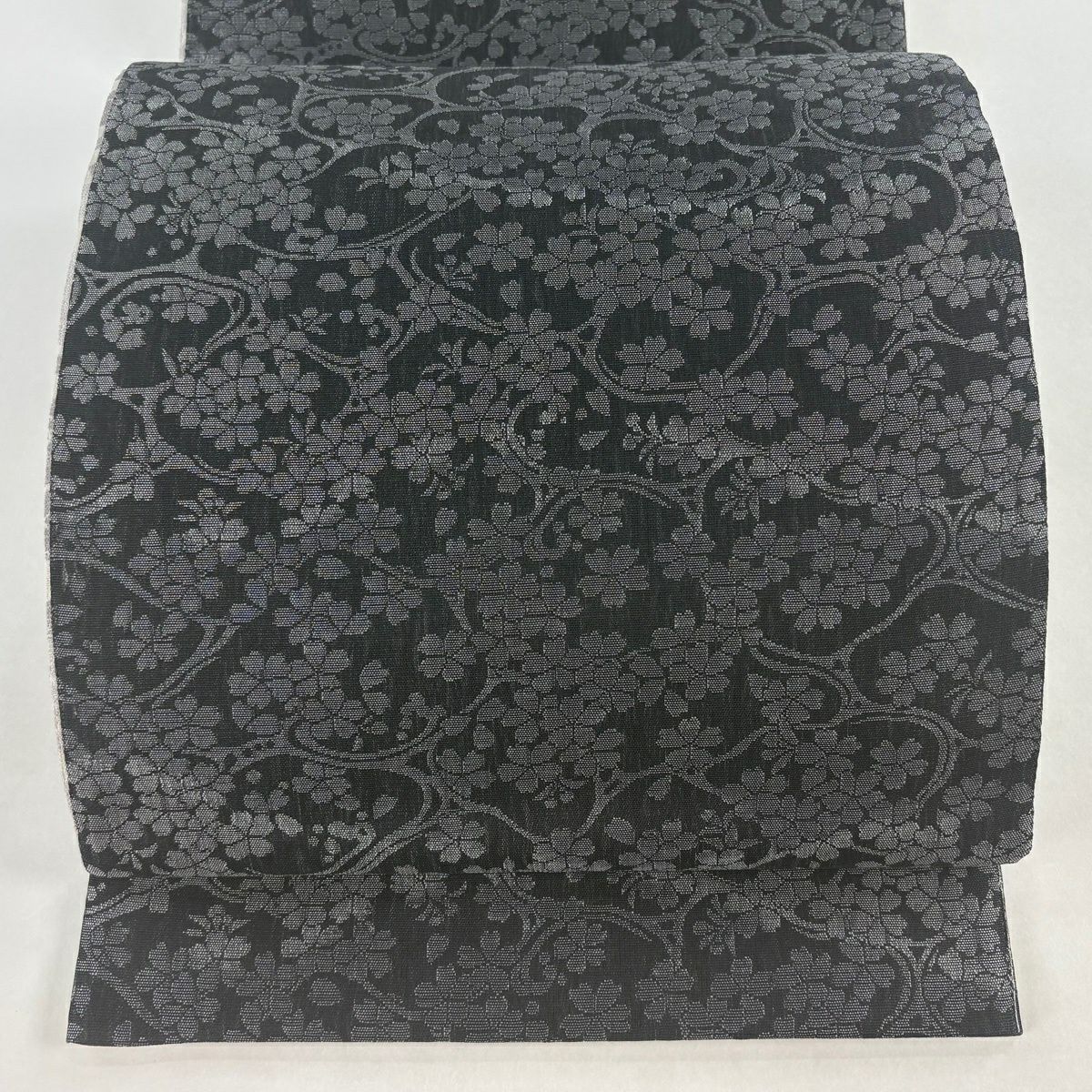 【美品】 袋帶 名品級 樱花 黑灰 全通 純蠶絲