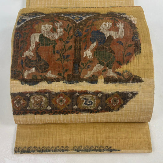 【美品】 袋帶 名品級 人物 草花紋 金糸 山吹茶 純蠶絲 お太鼓柄