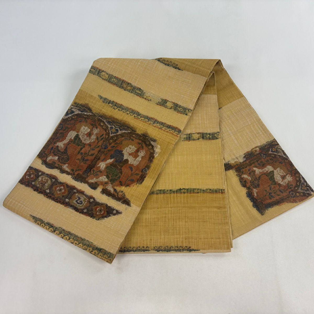 【美品】 袋帶 名品級 人物 草花紋 金糸 山吹茶 純蠶絲 お太鼓柄