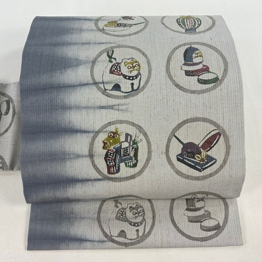 【美品】名古屋帶 名品級 紬織織 圓文 玩具 漸層 青灰色 純蠶絲
