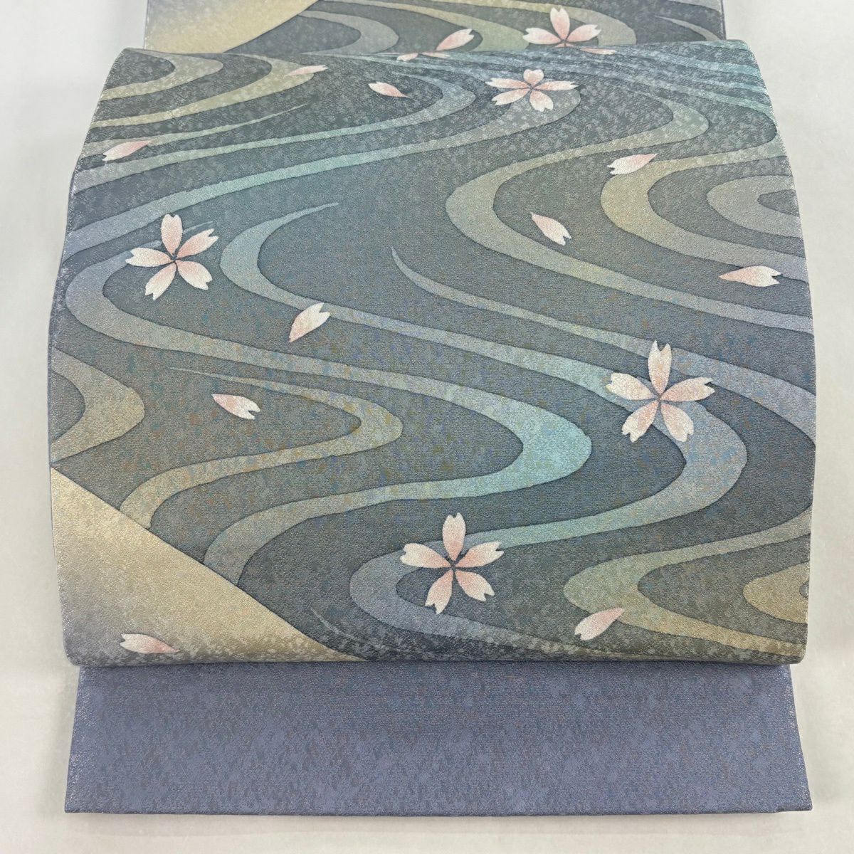【美品】 袋帶 名品級 落款あり 樱花 流水 銀線 漸層 青灰 深藍色 正蠶絲