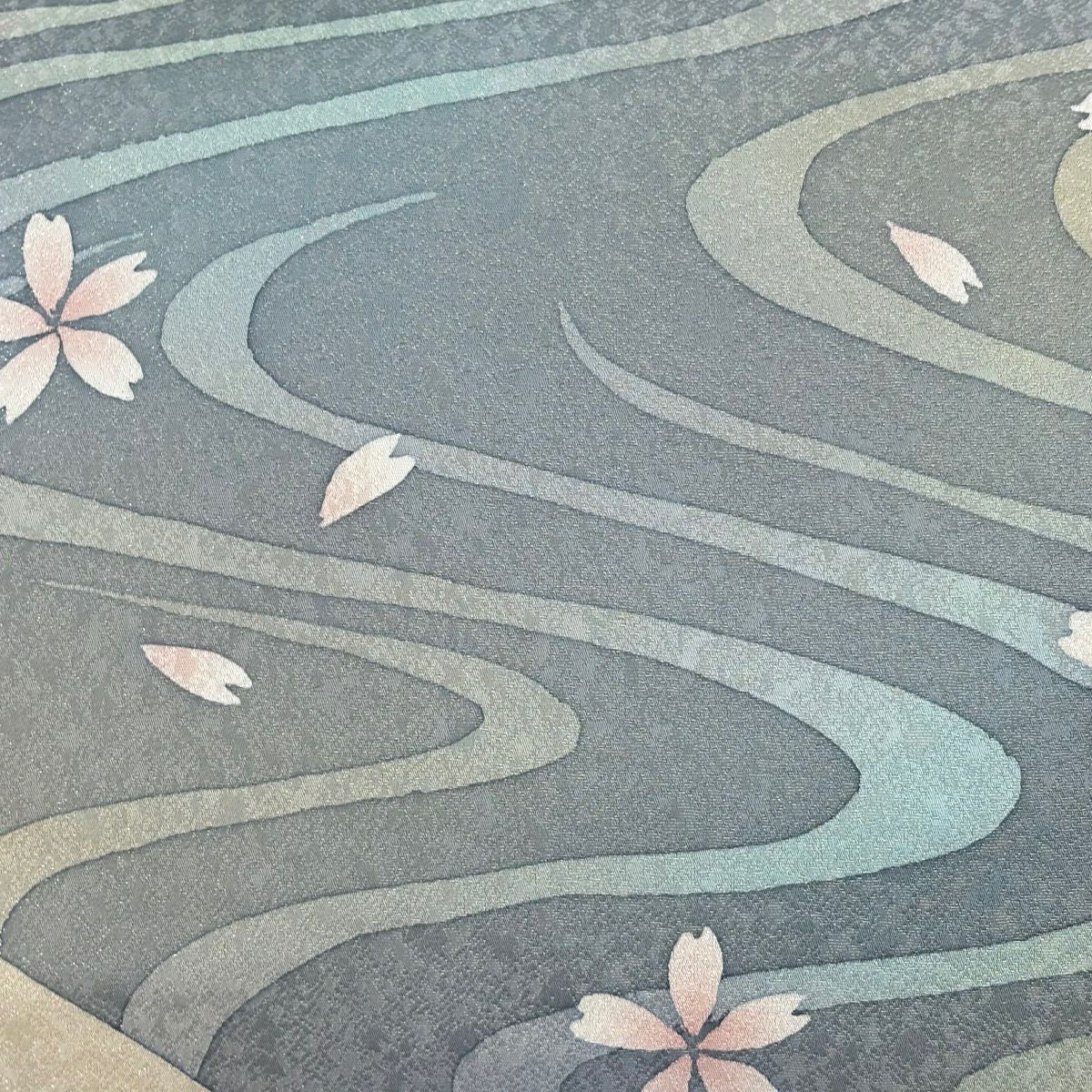【美品】 袋帶 名品級 落款あり 樱花 流水 銀線 漸層 青灰 深藍色 正蠶絲