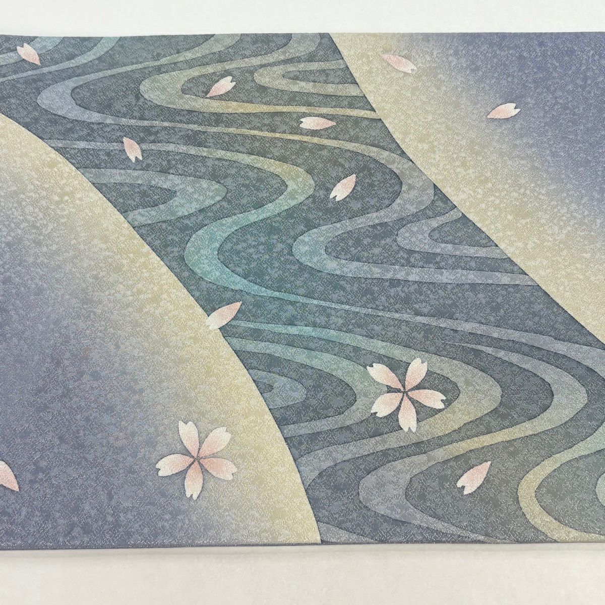 【美品】 袋帶 名品級 落款あり 樱花 流水 銀線 漸層 青灰 深藍色 正蠶絲