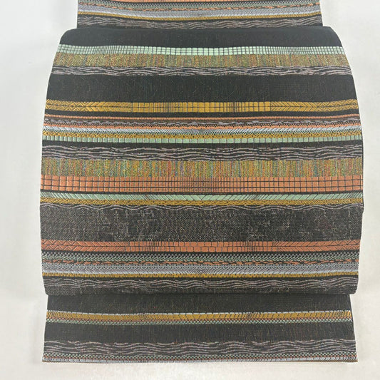 【美品】 袋帶 名品級 大島紬織織入袋帶 縞 幾何學 金絲 黑 六通 純蠶絲