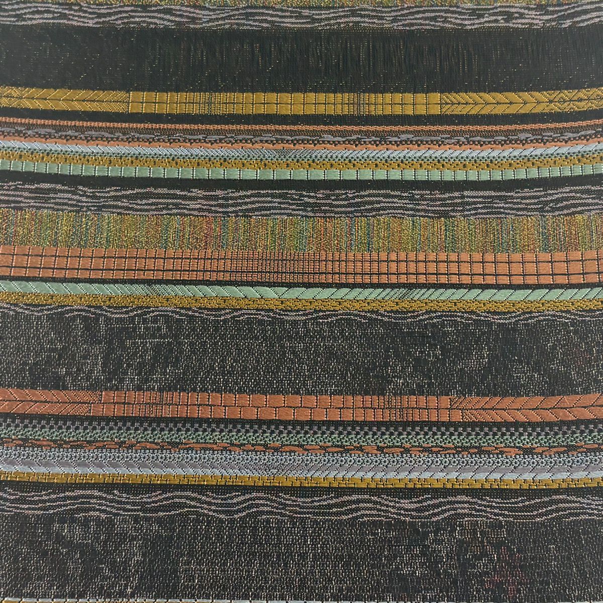 【美品】 袋帶 名品級 大島紬織織入袋帶 縞 幾何學 金絲 黑 六通 純蠶絲