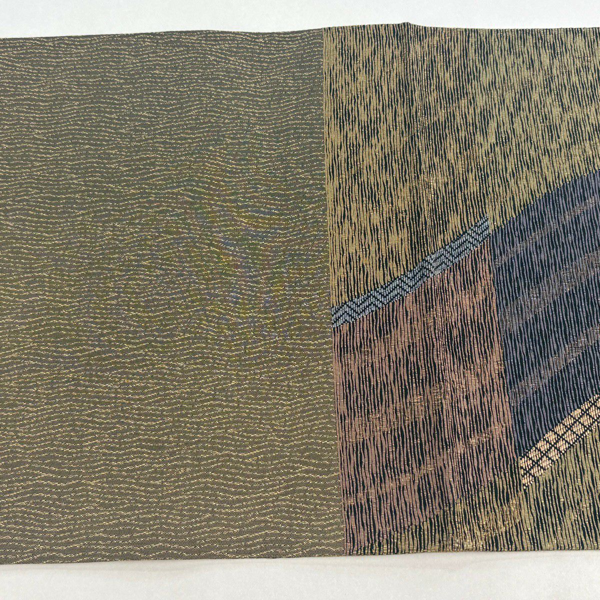 【美品】 袋帶 名品級 雜亂條紋 幾何學 金金箔 艾草綠 六通 純蠶絲