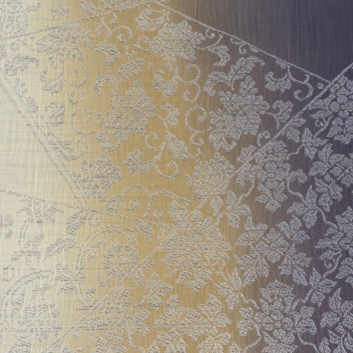 【美品】 袋帶 名品級 裂取割付文 花唐草紋 銀線 黃土 深藍色 六通 純蠶絲