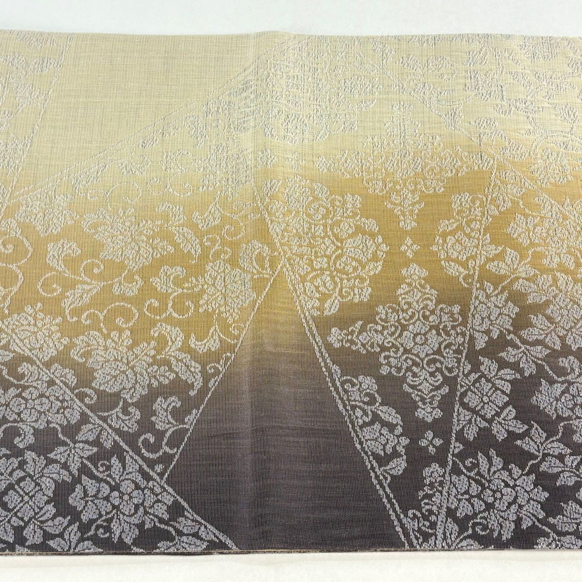 【美品】 袋帶 名品級 裂取割付文 花唐草紋 銀線 黃土 深藍色 六通 純蠶絲