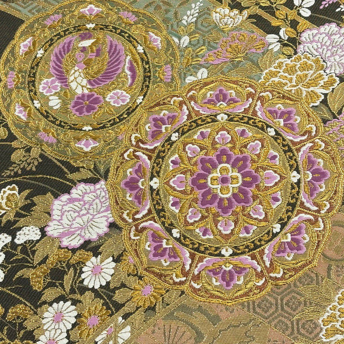 【美品】 袋帶 逸品級 じゅらく 落款あり じゅらく帝王紫 鏡裏文 秋草文 金糸 金金箔 黑 お太鼓柄 純蠶絲