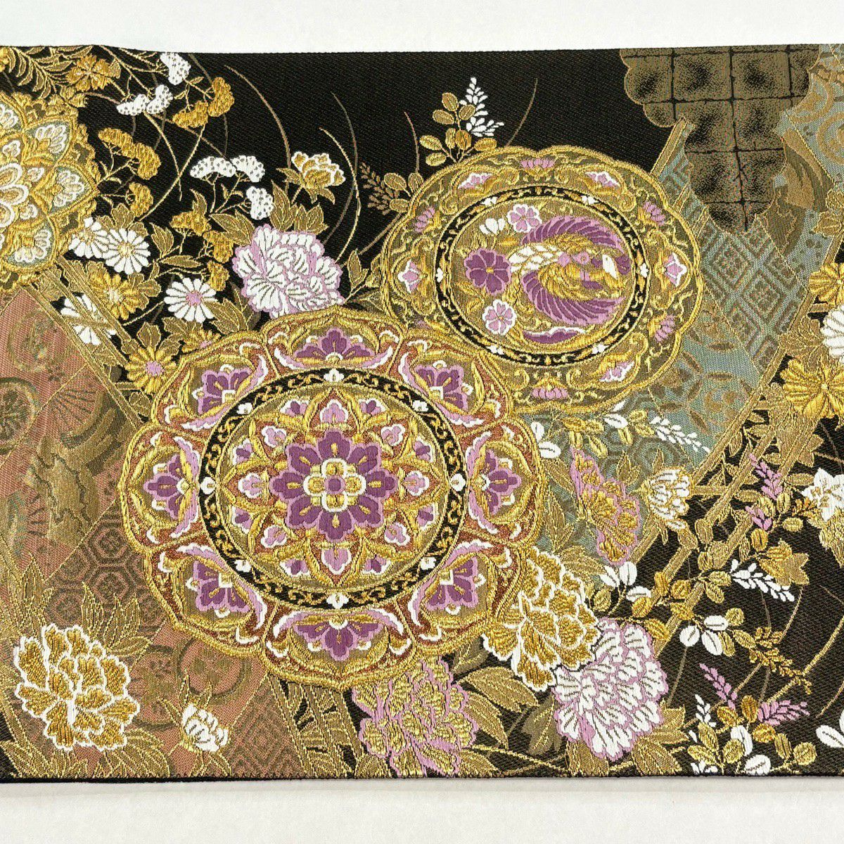 【美品】 袋帶 逸品級 じゅらく 落款あり じゅらく帝王紫 鏡裏文 秋草文 金糸 金金箔 黑 お太鼓柄 純蠶絲