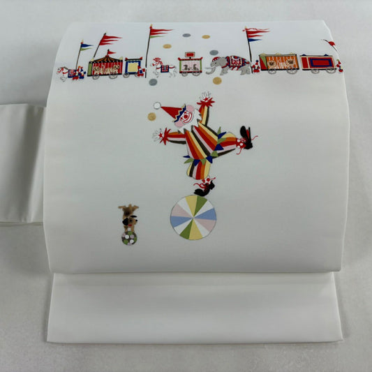 【美品】 名古屋帶 逸品級 小丑 動物 金銀彩 白 純蠶絲