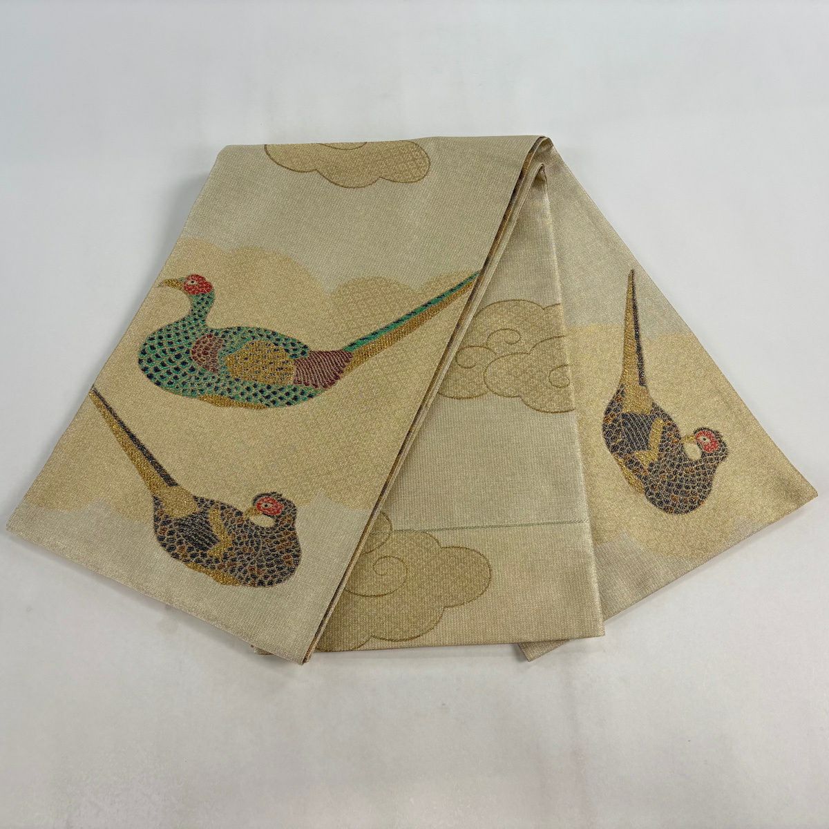 【美品】 袋帶 逸品級 誉田屋源兵衛 落款あり 雉 雲文 金絲 金金箔 金色 大鼓圖案 純蠶絲