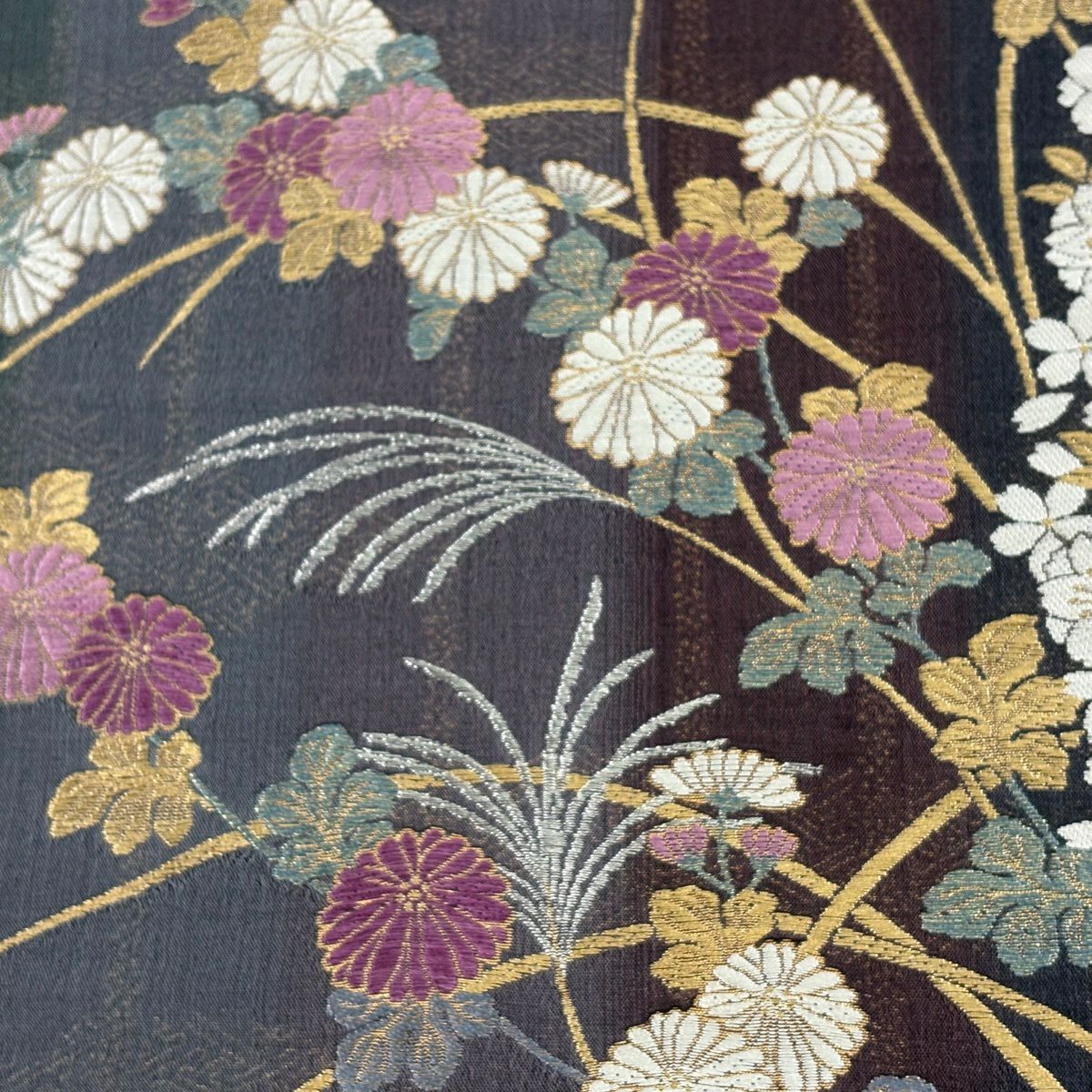 【美品】 袋帶 逸品級 じゅらく 落款あり 帝王紫 菊花 櫻花楓 金銀彩 金金箔 濃紫 六通 純蠶絲