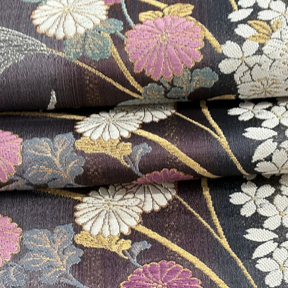 【美品】 袋帶 逸品級 じゅらく 落款あり 帝王紫 菊花 櫻花楓 金銀彩 金金箔 濃紫 六通 純蠶絲