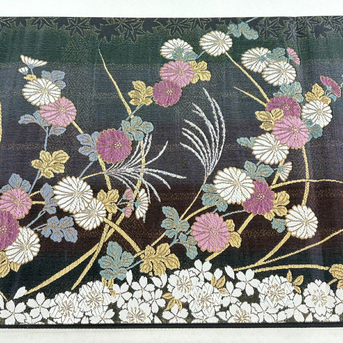 【美品】 袋帶 逸品級 じゅらく 落款あり 帝王紫 菊花 櫻花楓 金銀彩 金金箔 濃紫 六通 純蠶絲