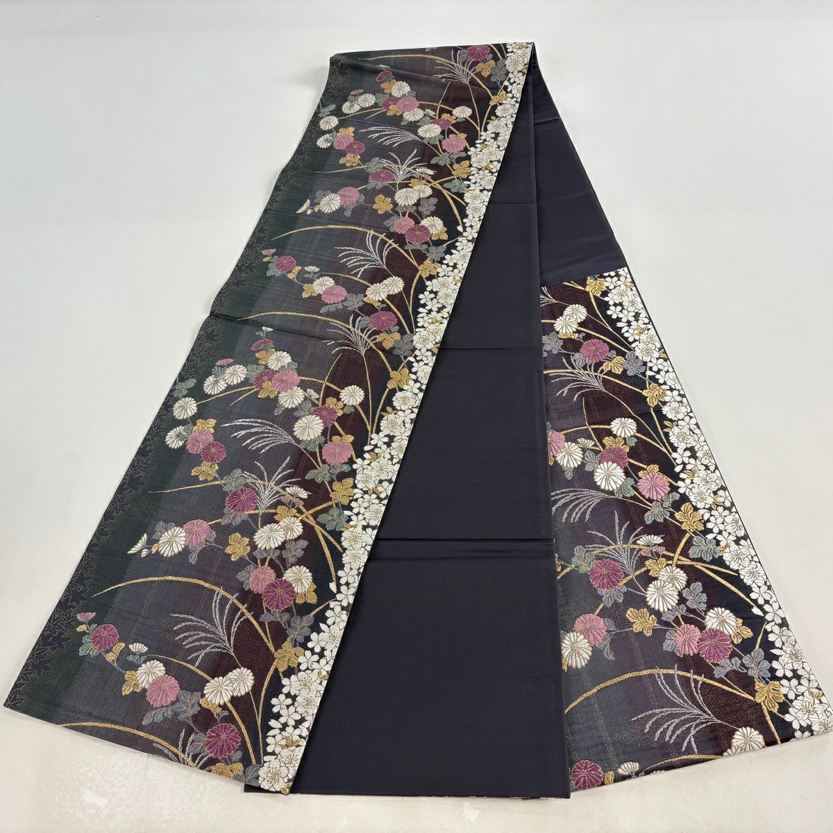 【美品】 袋帶 逸品級 じゅらく 落款あり 帝王紫 菊花 櫻花楓 金銀彩 金金箔 濃紫 六通 純蠶絲
