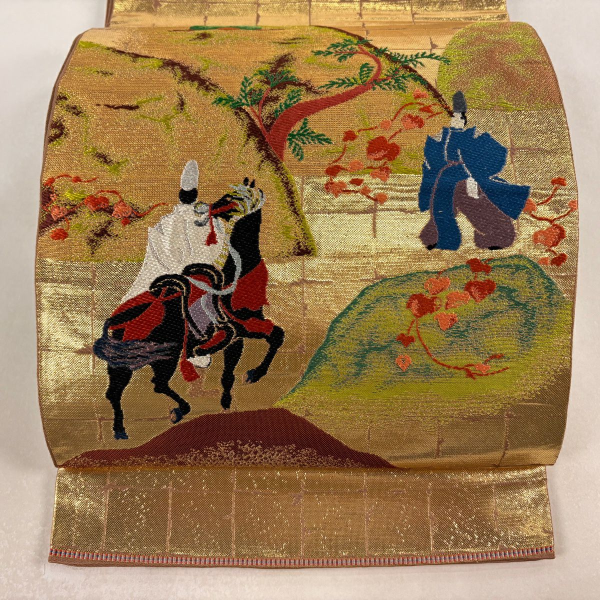 【美品】 袋帶 逸品級 龍村美術織物 落款あり 蔦畫錦 關西裁縫 人物 風景 金絲 金金箔 金色 大鼓圖案 純蠶絲