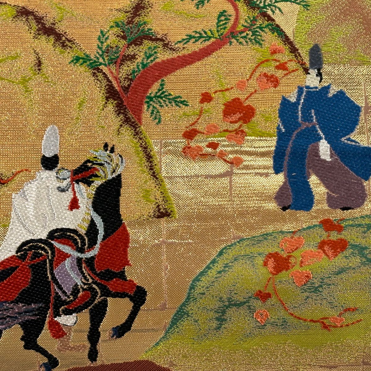 【美品】 袋帶 逸品級 龍村美術織物 落款あり 蔦畫錦 關西裁縫 人物 風景 金絲 金金箔 金色 大鼓圖案 純蠶絲