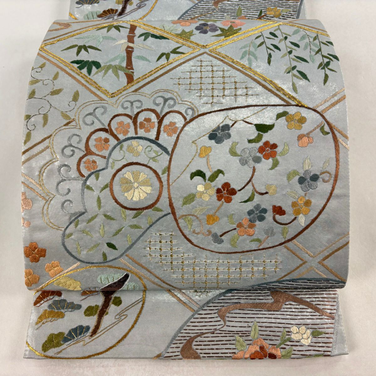 袋帶 逸品級 松樹竹子梅花 菱紋 刺繡 金金箔 銀 六通 純蠶絲