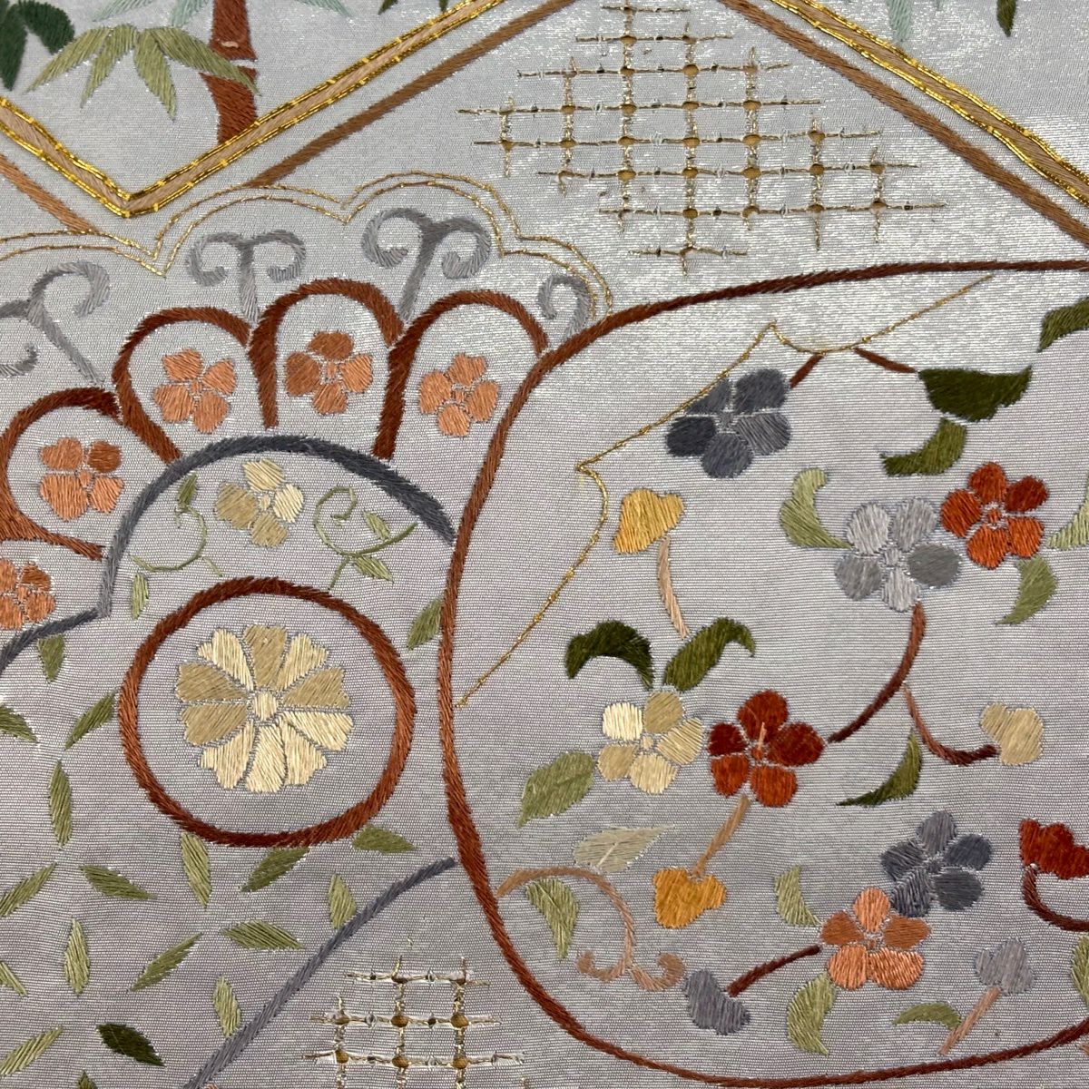 袋帶 逸品級 松樹竹子梅花 菱紋 刺繡 金金箔 銀 六通 純蠶絲