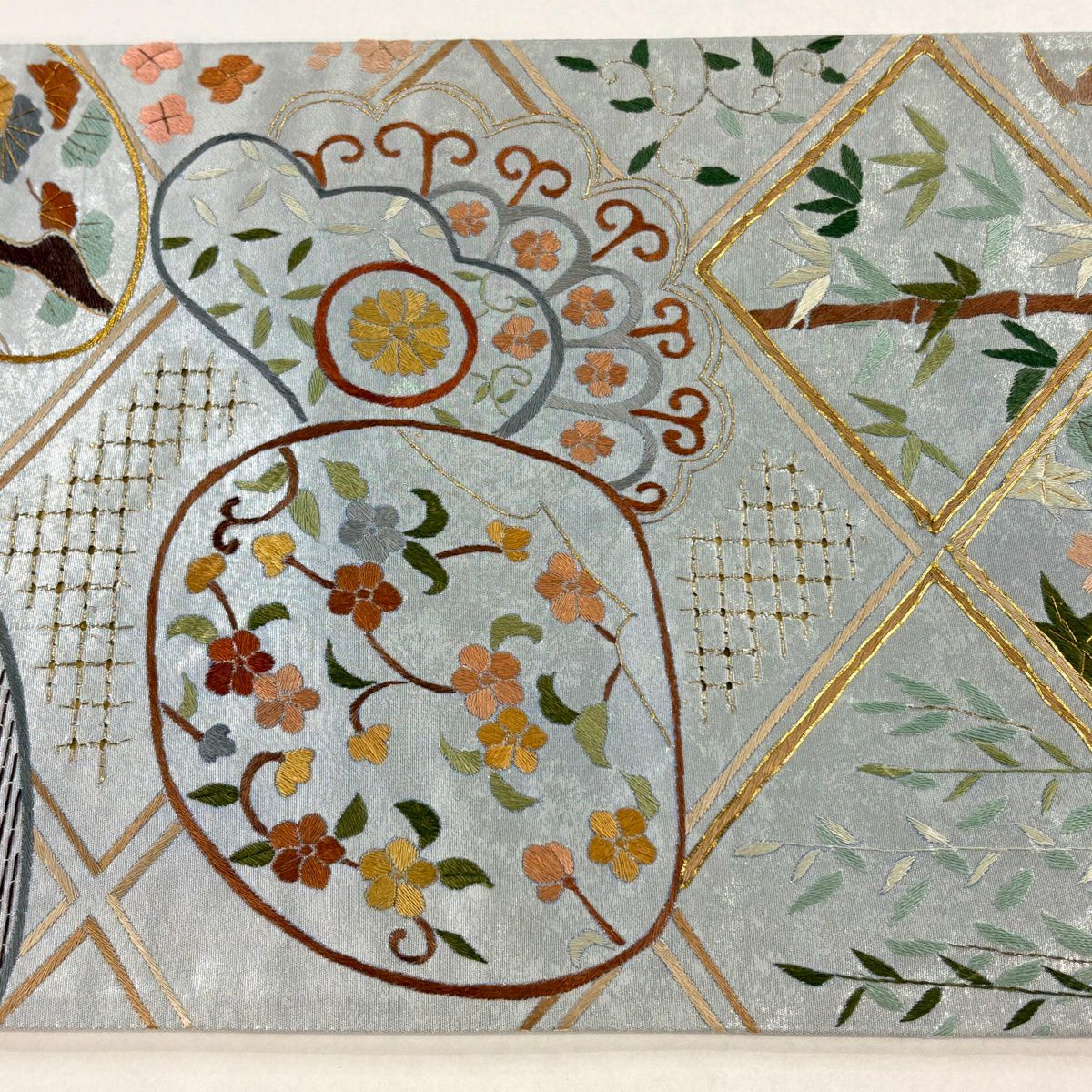 袋帶 逸品級 松樹竹子梅花 菱紋 刺繡 金金箔 銀 六通 純蠶絲