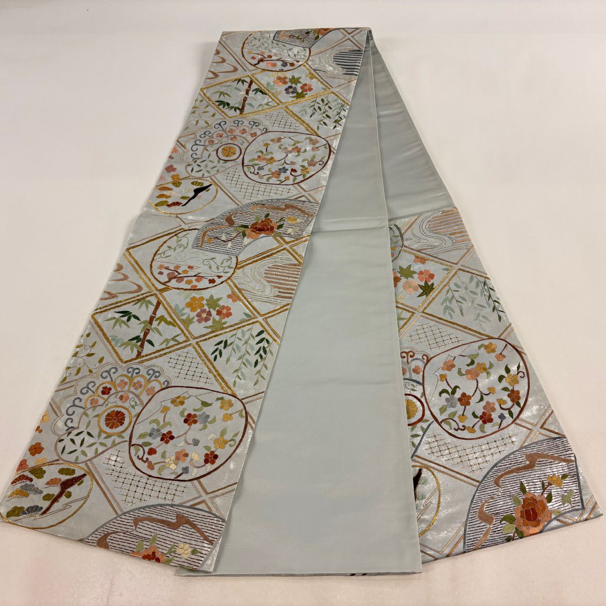 袋帶 逸品級 松樹竹子梅花 菱紋 刺繡 金金箔 銀 六通 純蠶絲