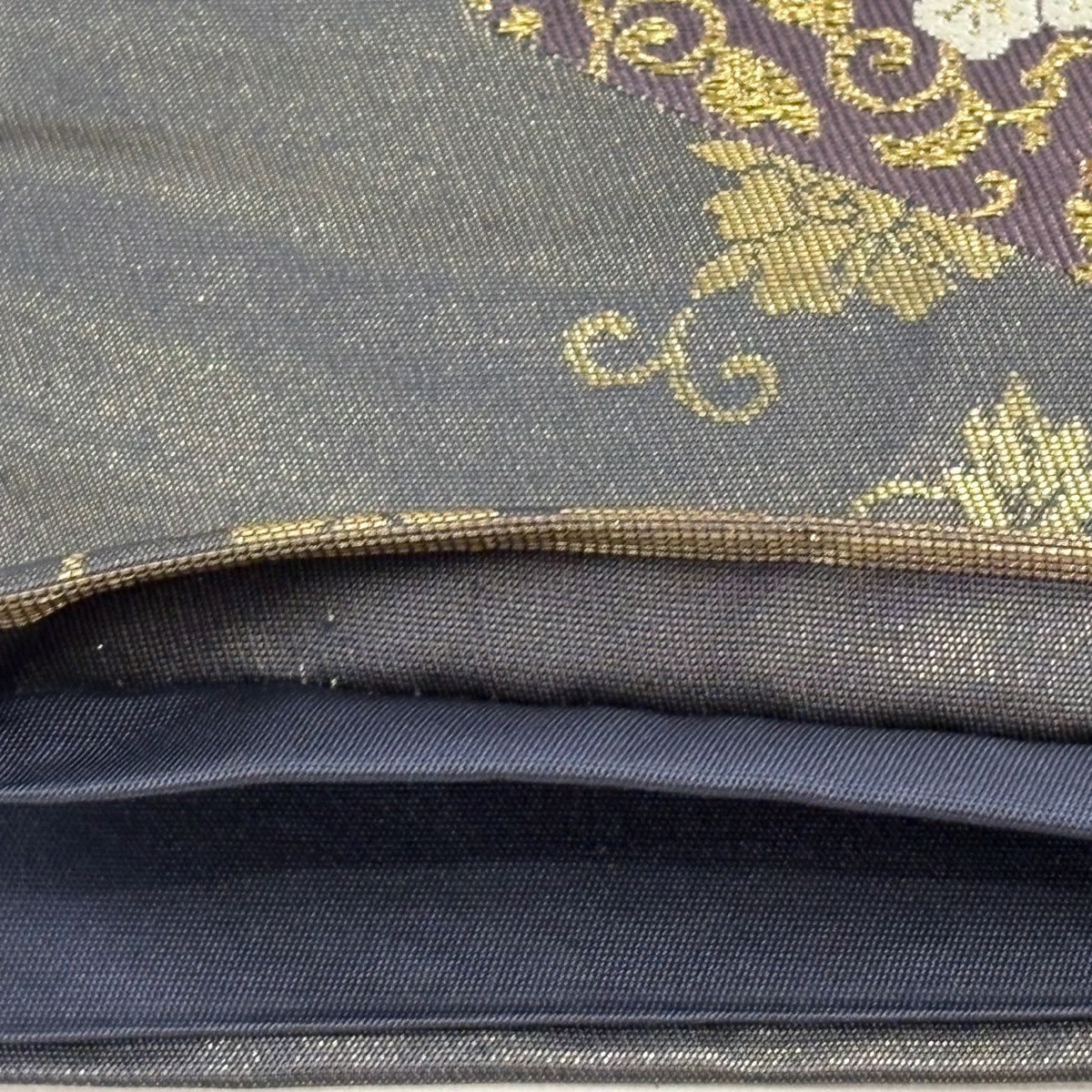 袋帶 逸品級 じゅらく 落款あり じゅらく帝王紫 色紙 華紋 金銀彩 金箔 灰紫 お太鼓柄 純蠶絲