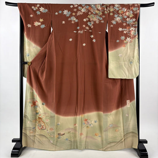 振袖禮服 身長165cm 袖長68cm L 雙層 貝島春美 精美 有落款 瓢箪 楓 金銀彩 染分 紅茶 純蠶絲 逸品級 五つ紋
