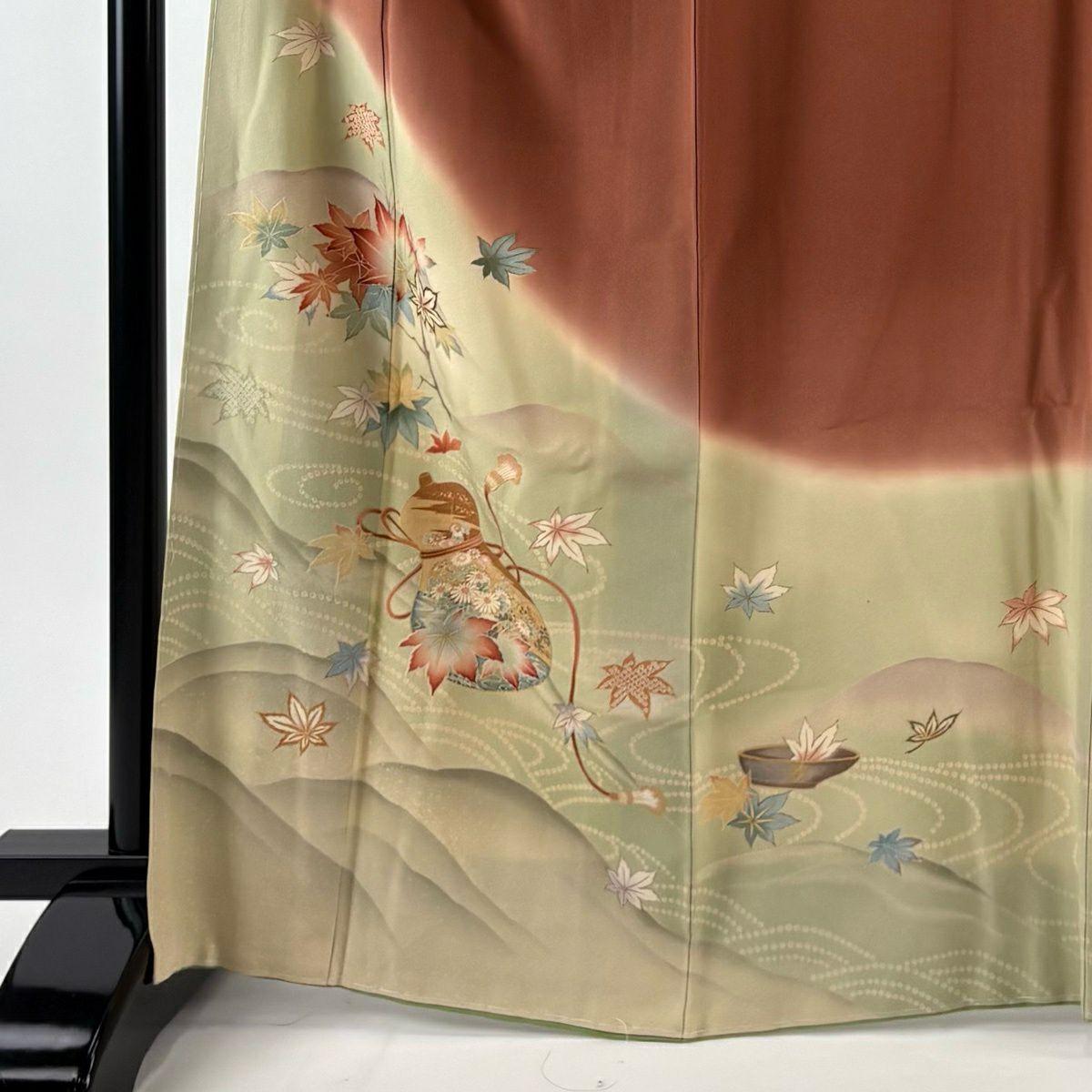 振袖禮服 身長165cm 袖長68cm L 雙層 貝島春美 精美 有落款 瓢箪 楓 金銀彩 染分 紅茶 純蠶絲 逸品級 五つ紋