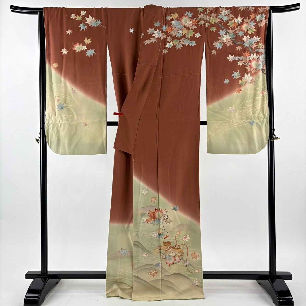 振袖禮服 身長165cm 袖長68cm L 雙層 貝島春美 精美 有落款 瓢箪 楓 金銀彩 染分 紅茶 純蠶絲 逸品級 五つ紋
