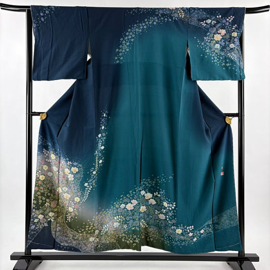 訪問服 身長153.5cm 袖長65cm M 雙層 吉乃一廉 落款あり 辻花染 霞 金銀彩 漸層 深藍 純蠶絲 逸品級
