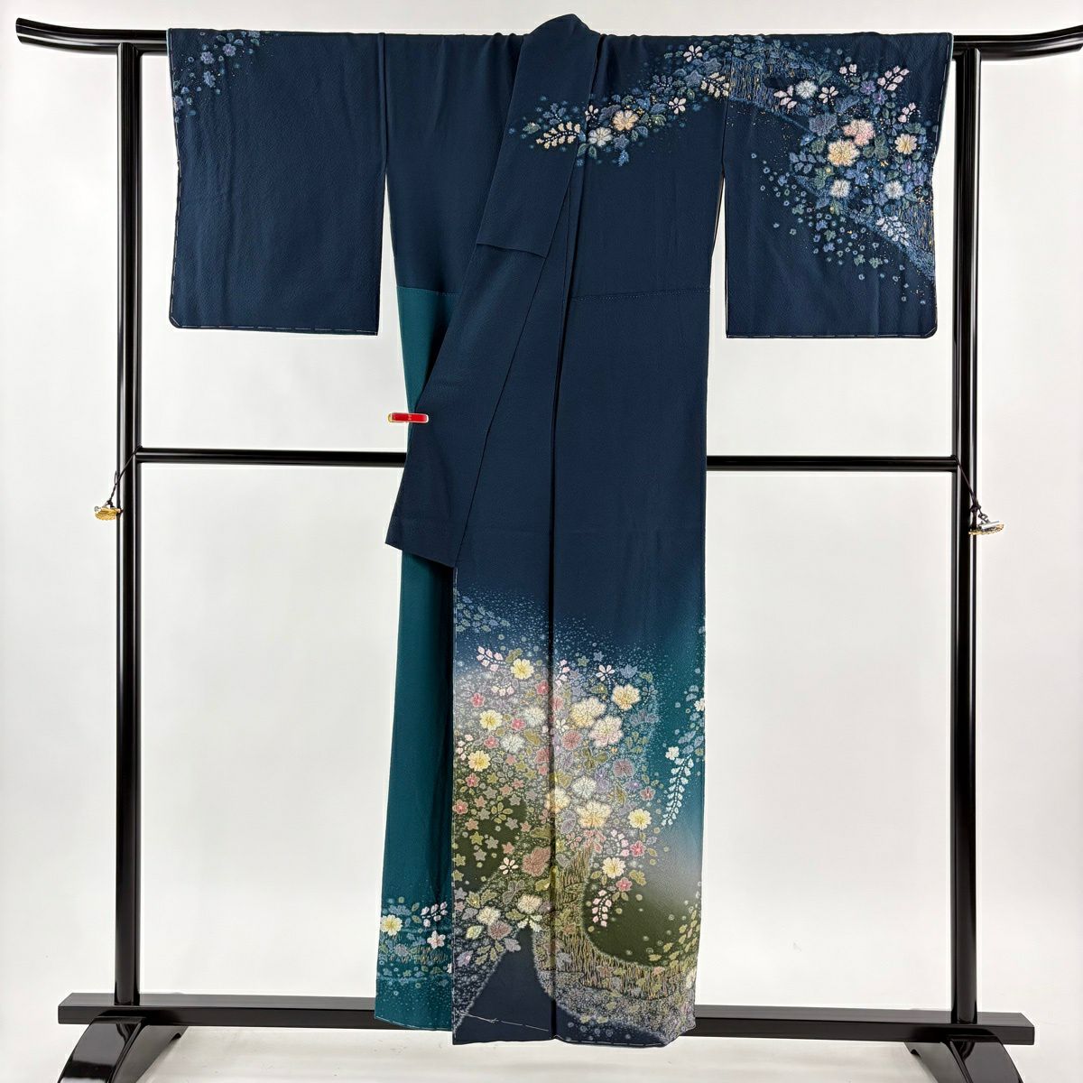 訪問服 身長153.5cm 袖長65cm M 雙層 吉乃一廉 落款あり 辻花染 霞 金銀彩 漸層 深藍 純蠶絲 逸品級