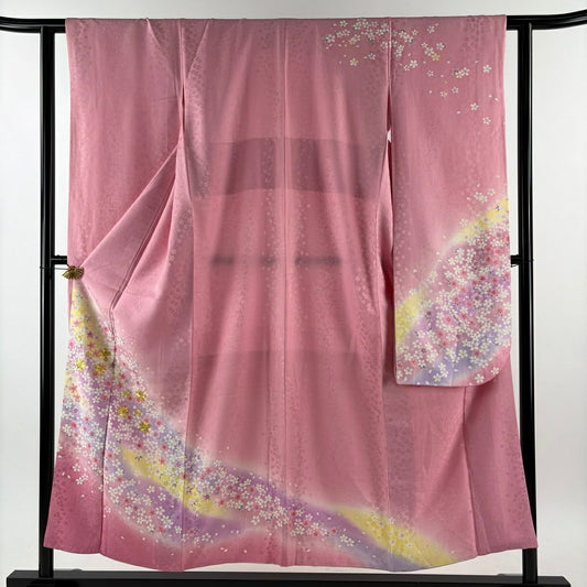 振袖禮服 身長152.5cm 袖長60cm S 雙層 櫻花花瓣 金絲 金銀彩 粉紅 純蠶絲 名品級