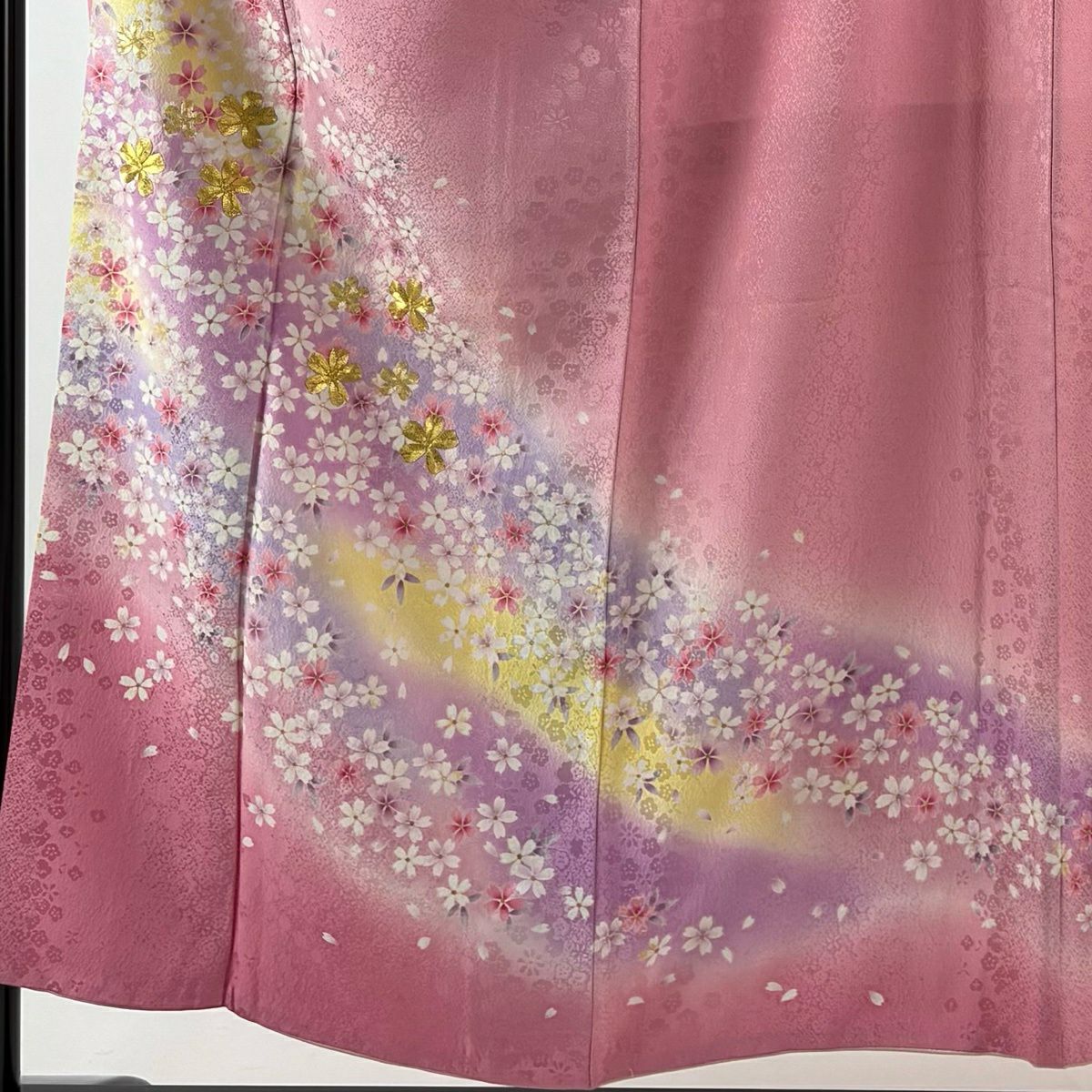 振袖禮服 身長152.5cm 袖長60cm S 雙層 櫻花花瓣 金絲 金銀彩 粉紅 純蠶絲 名品級
