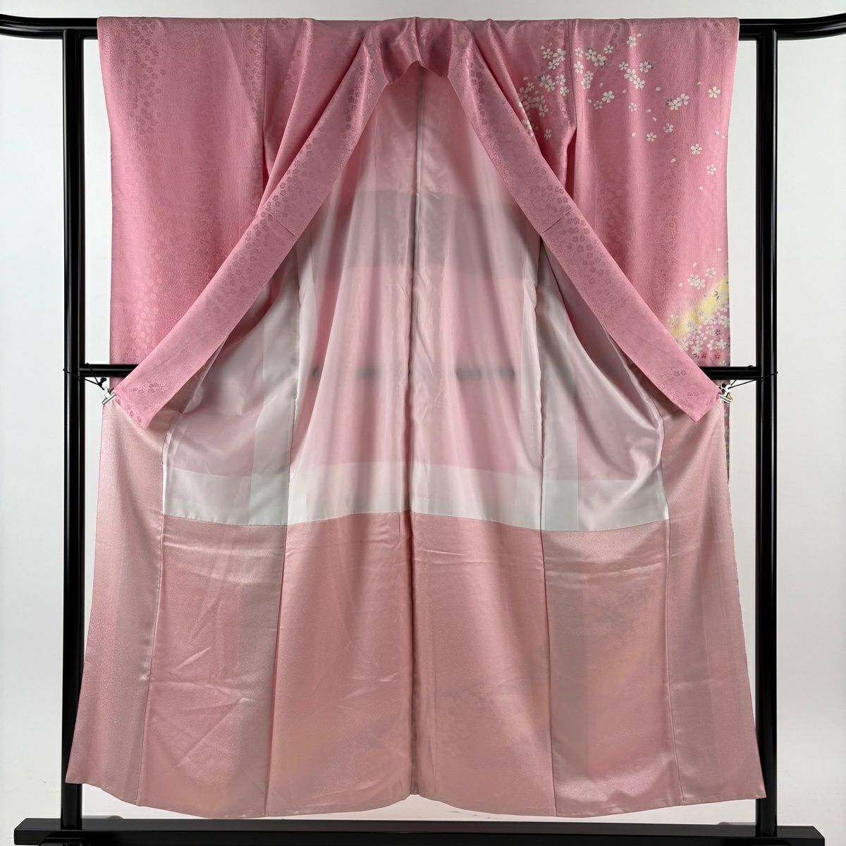振袖禮服 身長152.5cm 袖長60cm S 雙層 櫻花花瓣 金絲 金銀彩 粉紅 純蠶絲 名品級