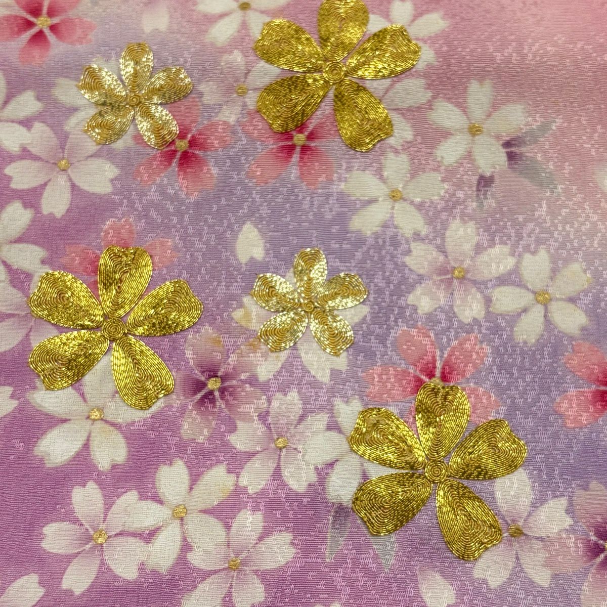 振袖禮服 身長152.5cm 袖長60cm S 雙層 櫻花花瓣 金絲 金銀彩 粉紅 純蠶絲 名品級